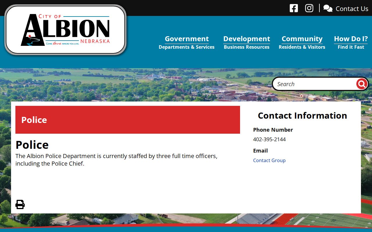 Official Albion Police Department page with city contact information