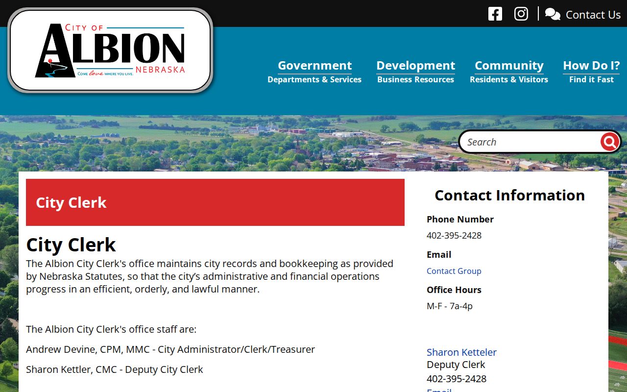 Official Albion city clerk page with record custodian details